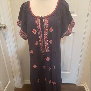 Ellos navy cotton embroidered pullover midi dress sz 18/20 L